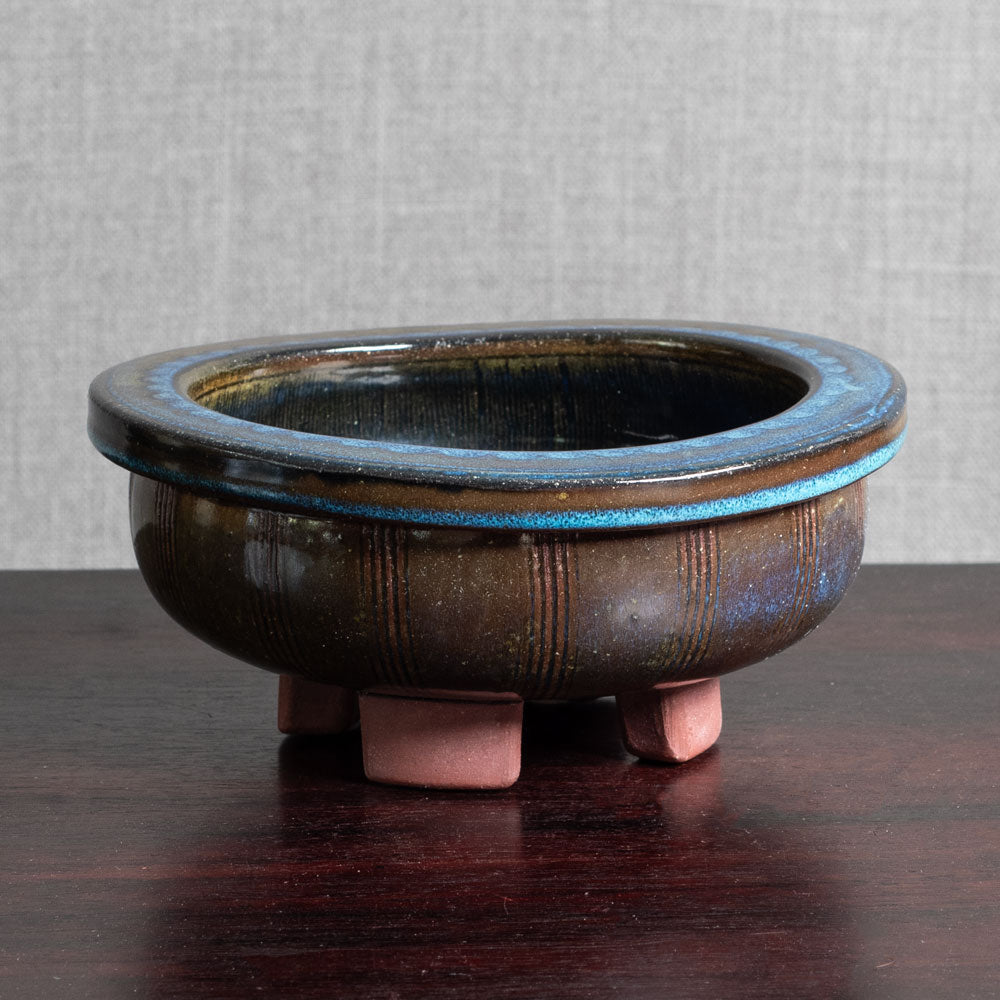 Wilhelm Kåge for Gustavsberg, "Farsta" footed bowl with blue and olive glaze M5567