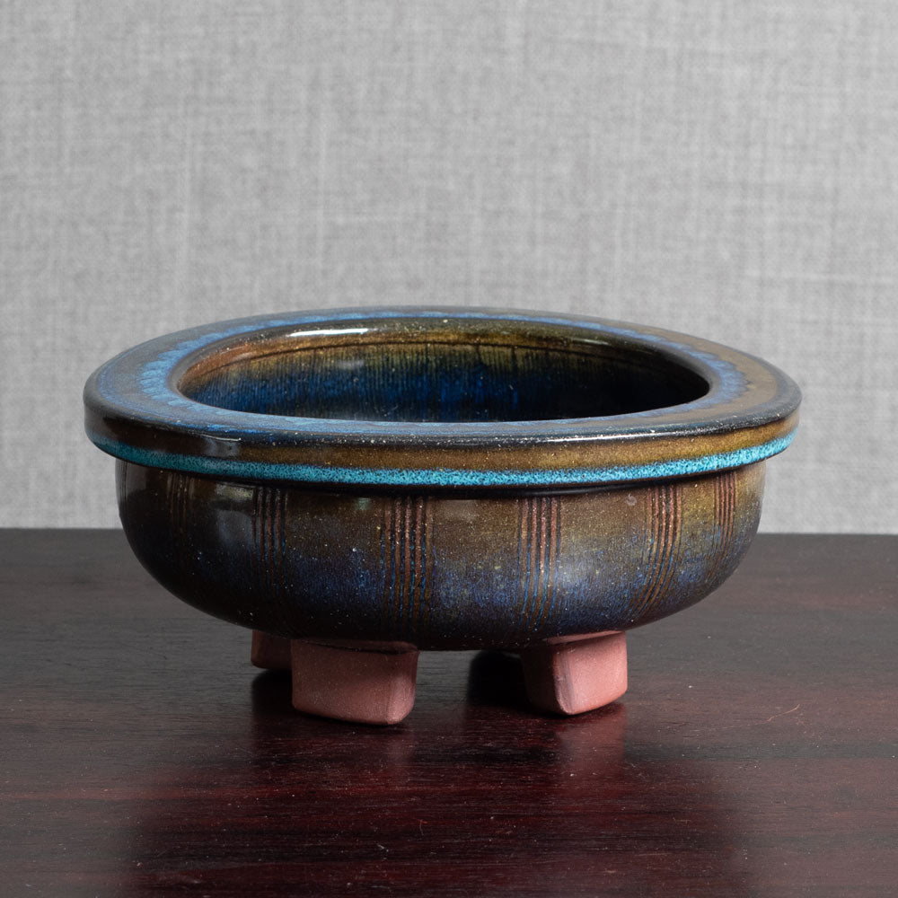 Wilhelm Kåge for Gustavsberg, "Farsta" footed bowl with blue and olive glaze M5567