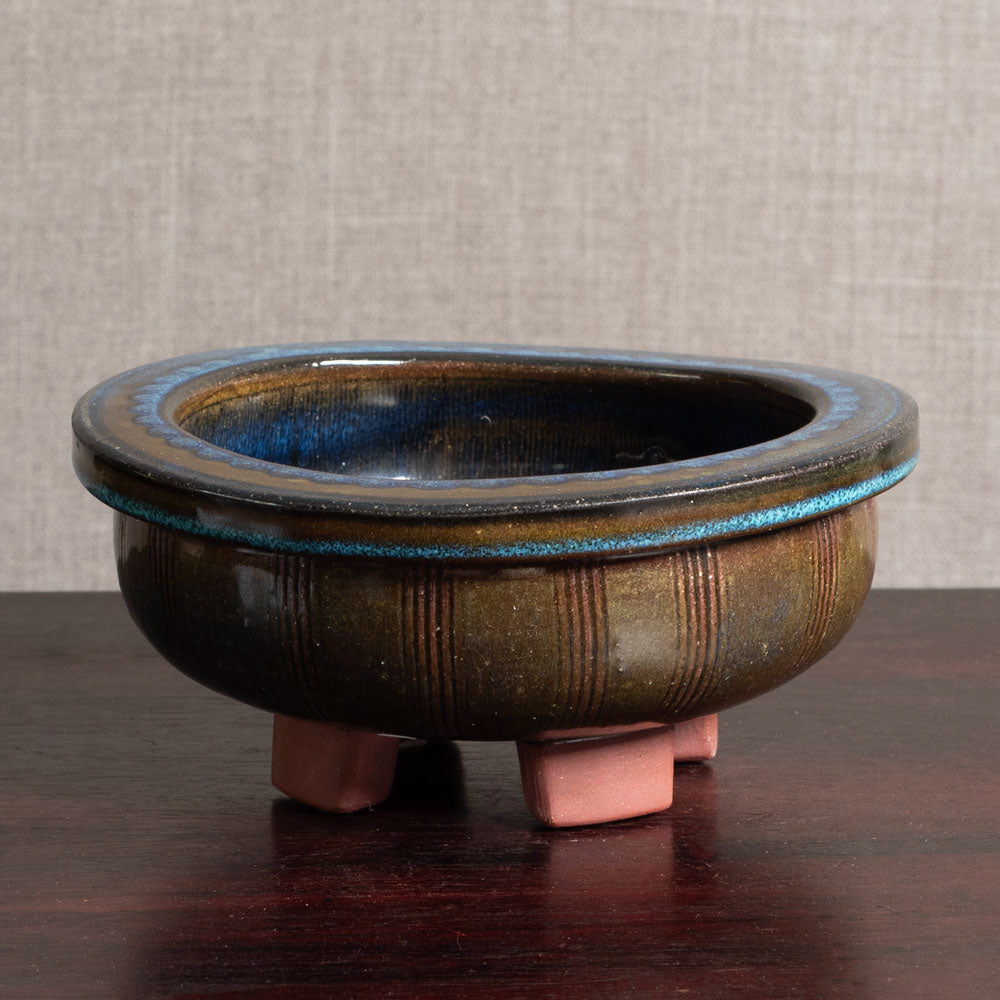Wilhelm Kåge for Gustavsberg, "Farsta" footed bowl with blue and olive glaze M5567