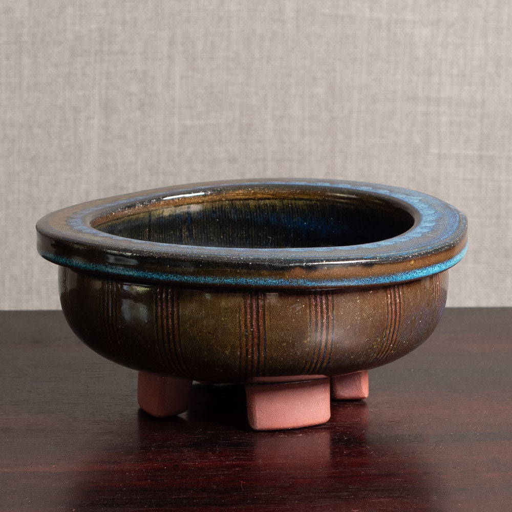 Wilhelm Kåge for Gustavsberg, "Farsta" footed bowl with blue and olive glaze M5567