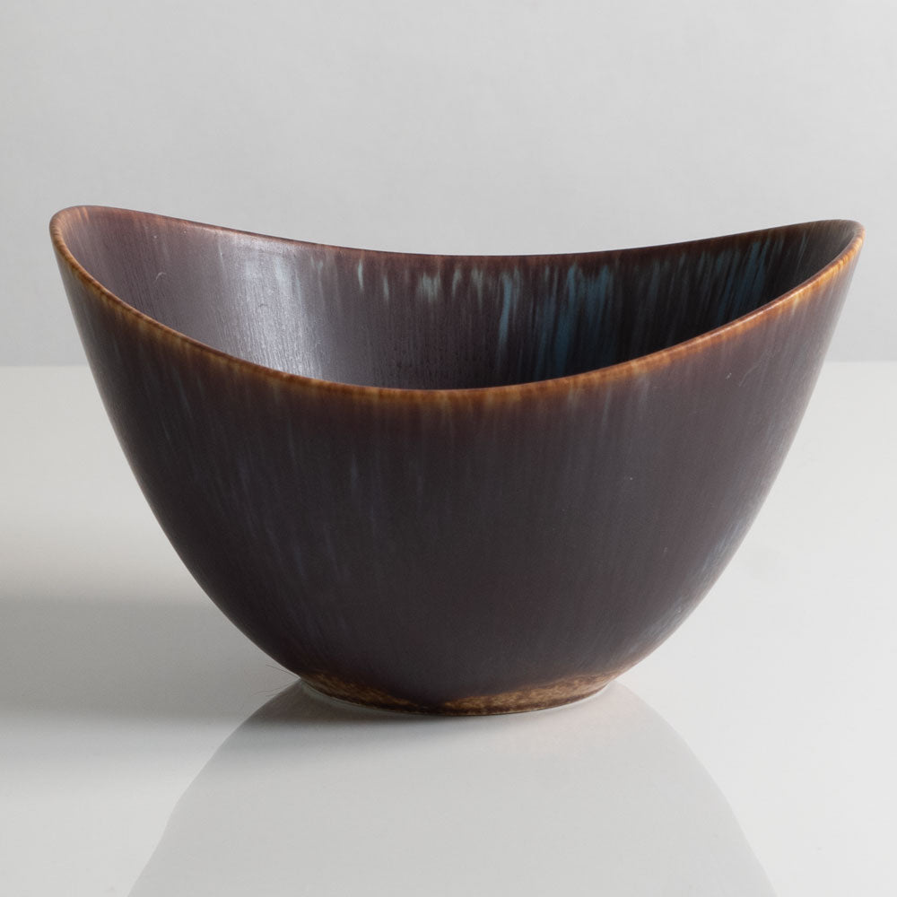 Gunnar Nylund for Rorstrand, Sweden, large ceramic elliptical bowl with blue and brown glaze K2037