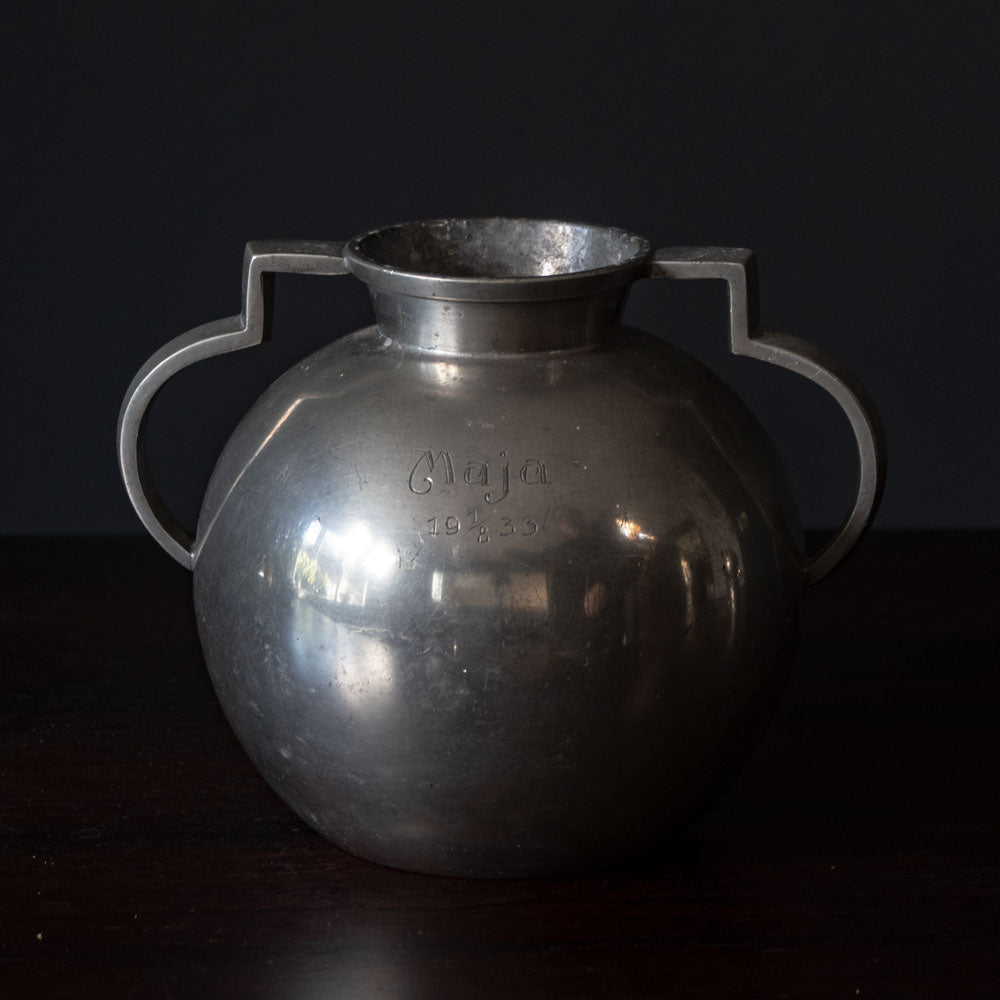 GAB Tenn, Sweden, round pewter vase with two handles J1519