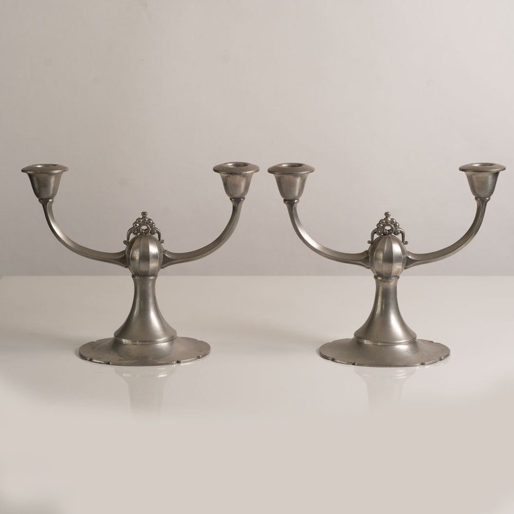 Pair of decorated pewter candle sticks for Edlunds Silverfabrik, Sweden. M4086