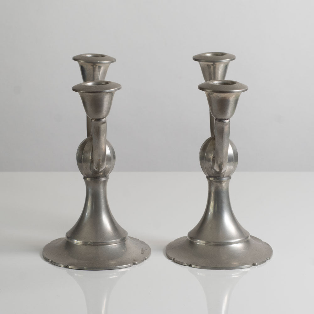 Pair of decorated pewter candle sticks for Edlunds Silverfabrik, Sweden. M4086