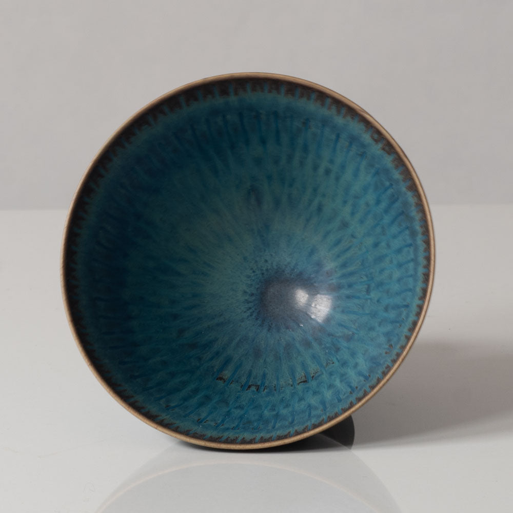 Stig Lindberg for Gustavsberg, Sweden, unique footed bowl with with blue-green glaze J1565