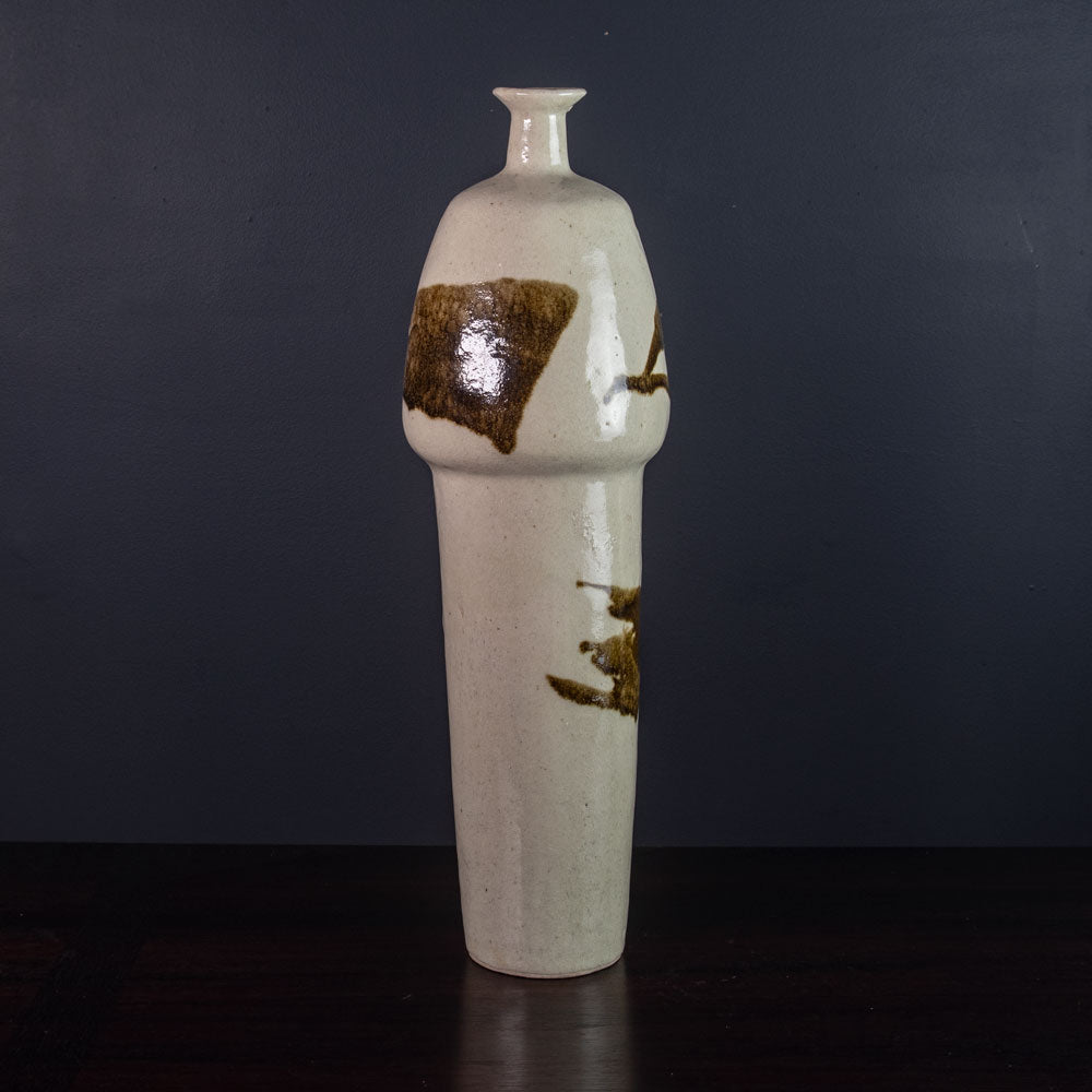 Ingeborg and Bruno Asshoff, Germany, unique tall stoneware vase with glossy brown and white glaze J1500