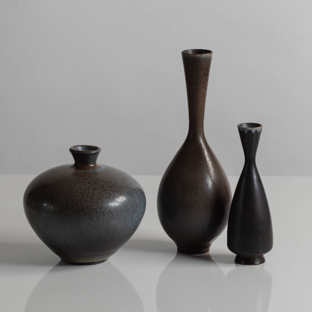 Berndt Friberg for Gustavsberg, Sweden, unique stoneware cabinet vase with dark gray-brown haresfur glaze M5620