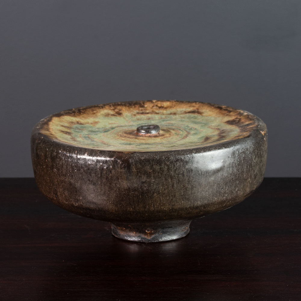 Ingeborg and Bruno Asshoff, Germany, unique tall stoneware vase with brown and green glaze J1501