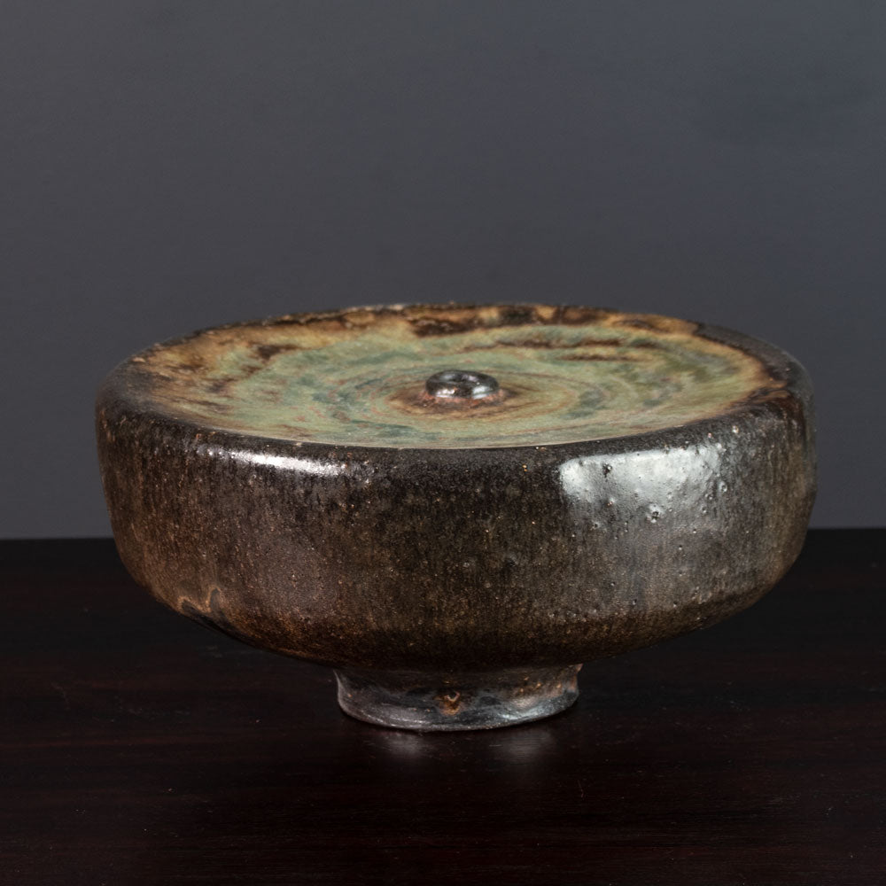 Ingeborg and Bruno Asshoff, Germany, unique tall stoneware vase with brown and green glaze J1501