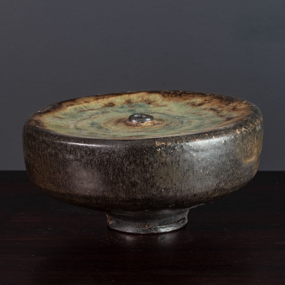 Ingeborg and Bruno Asshoff, Germany, unique tall stoneware vase with brown and green glaze J1501