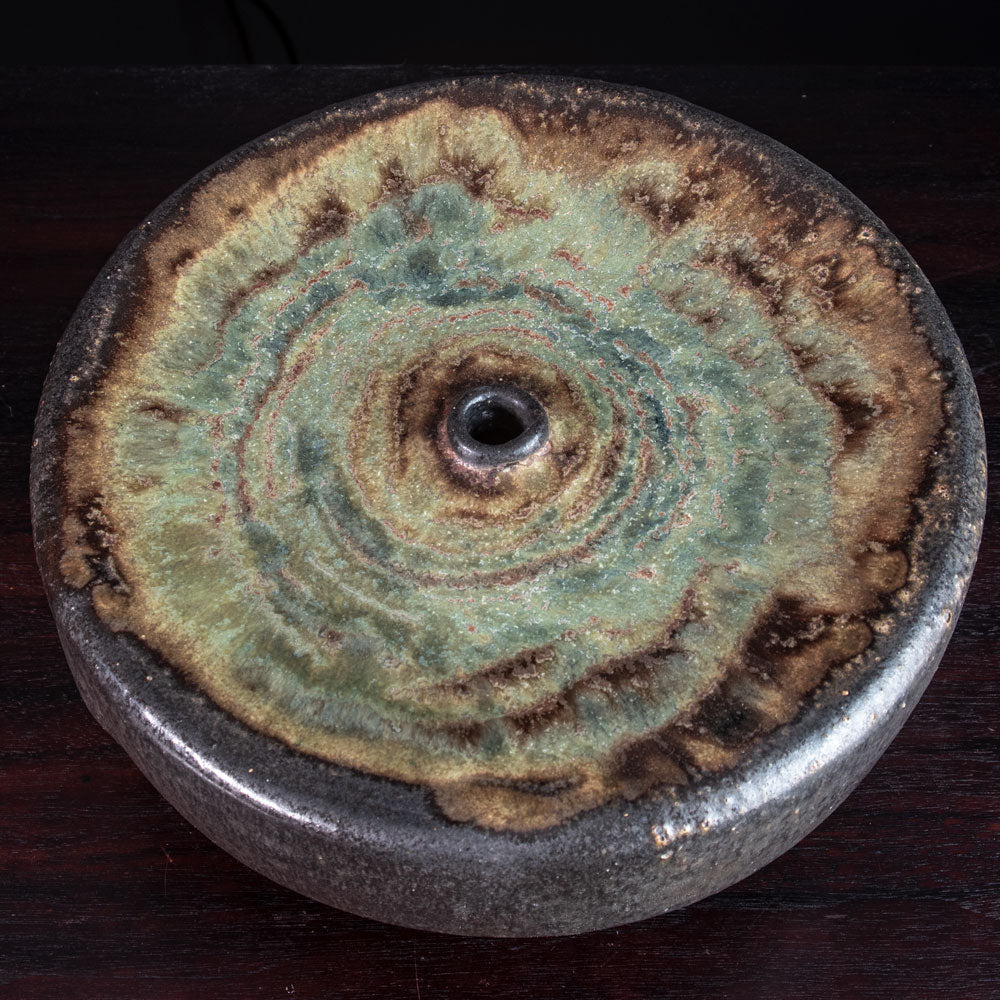 Ingeborg and Bruno Asshoff, Germany, unique tall stoneware vase with brown and green glaze J1501