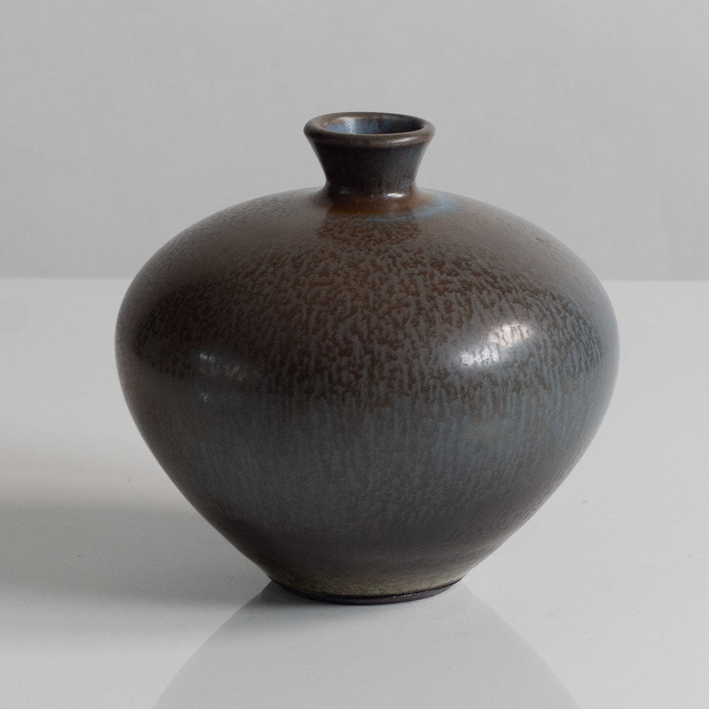 Berndt Friberg for Gustavsberg, Sweden, unique stoneware cabinet vase with dark gray-brown haresfur glaze M5620