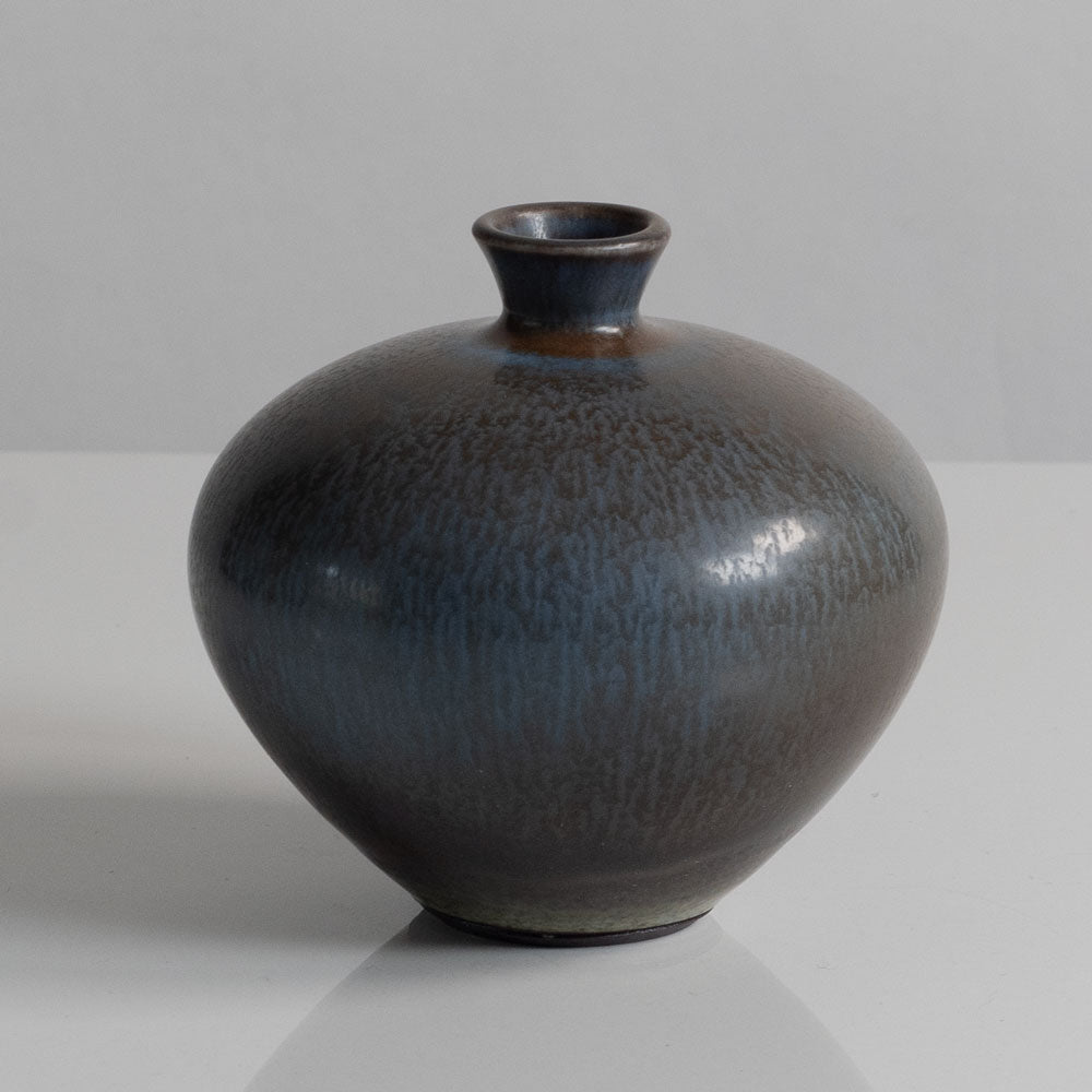 Berndt Friberg for Gustavsberg, Sweden, unique stoneware cabinet vase with dark gray-brown haresfur glaze M5620
