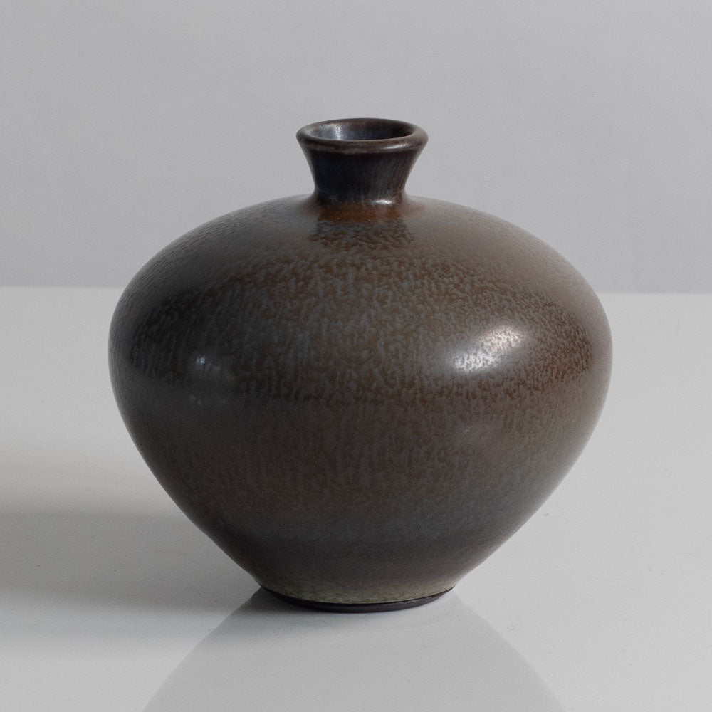Berndt Friberg for Gustavsberg, Sweden, unique stoneware cabinet vase with dark gray-brown haresfur glaze M5620