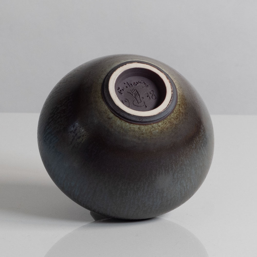 Berndt Friberg for Gustavsberg, Sweden, unique stoneware cabinet vase with dark gray-brown haresfur glaze M5620