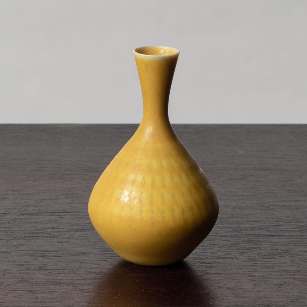 Stig Lindberg for Gustavsberg, unique stoneware miniature vase with matte yellow glaze K2288