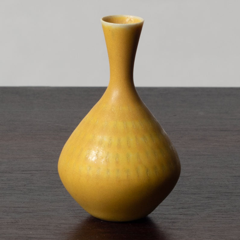 Stig Lindberg for Gustavsberg, unique stoneware miniature vase with matte yellow glaze K2288