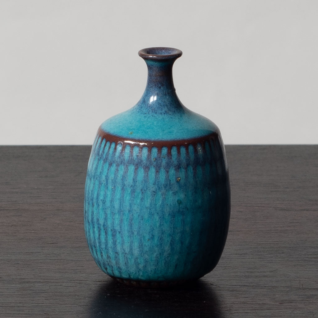 Stig Lindberg for Gustavsberg, unique stoneware miniature vase with glossy turquoise glaze J1155