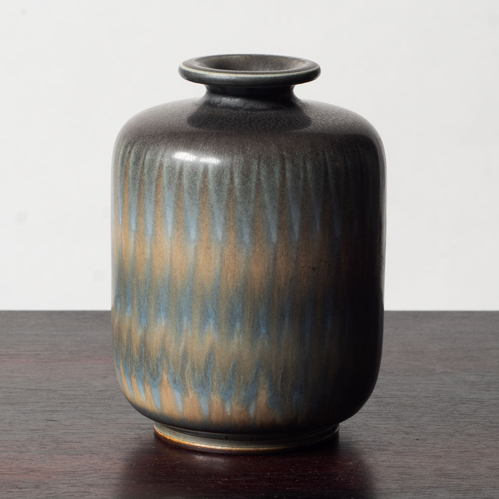 Berndt Friberg for Gustavsberg, Sweden, unique stoneware patterned vase with brown and blue haresfur glaze L3398