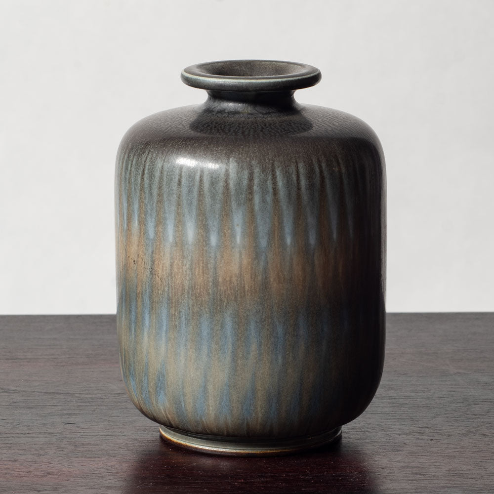 Berndt Friberg for Gustavsberg, Sweden, unique stoneware patterned vase with brown and blue haresfur glaze L3398