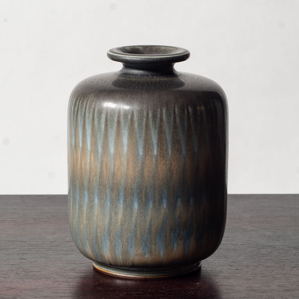 Berndt Friberg for Gustavsberg, Sweden, unique stoneware patterned vase with brown and blue haresfur glaze L3398