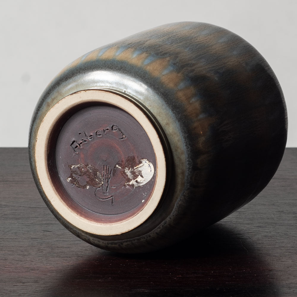 Berndt Friberg for Gustavsberg, Sweden, unique stoneware patterned vase with brown and blue haresfur glaze L3398