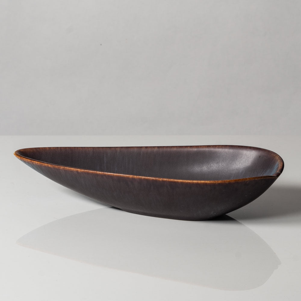 Gunnar Nylund for Rörstrand, Sweden, stoneware leaf shaped bowl in matte blue and brown glaze G9255