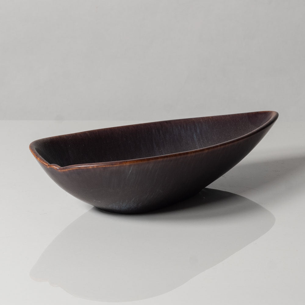 Gunnar Nylund for Rörstrand, Sweden, stoneware leaf shaped bowl in matte blue and brown glaze G9255