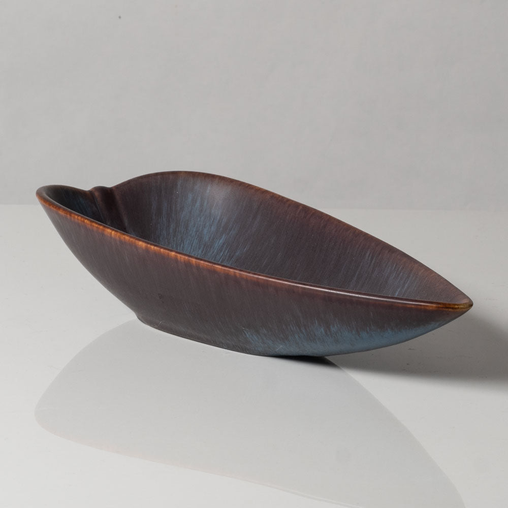 Gunnar Nylund for Rörstrand, Sweden, stoneware leaf shaped bowl in matte blue and brown glaze G9255
