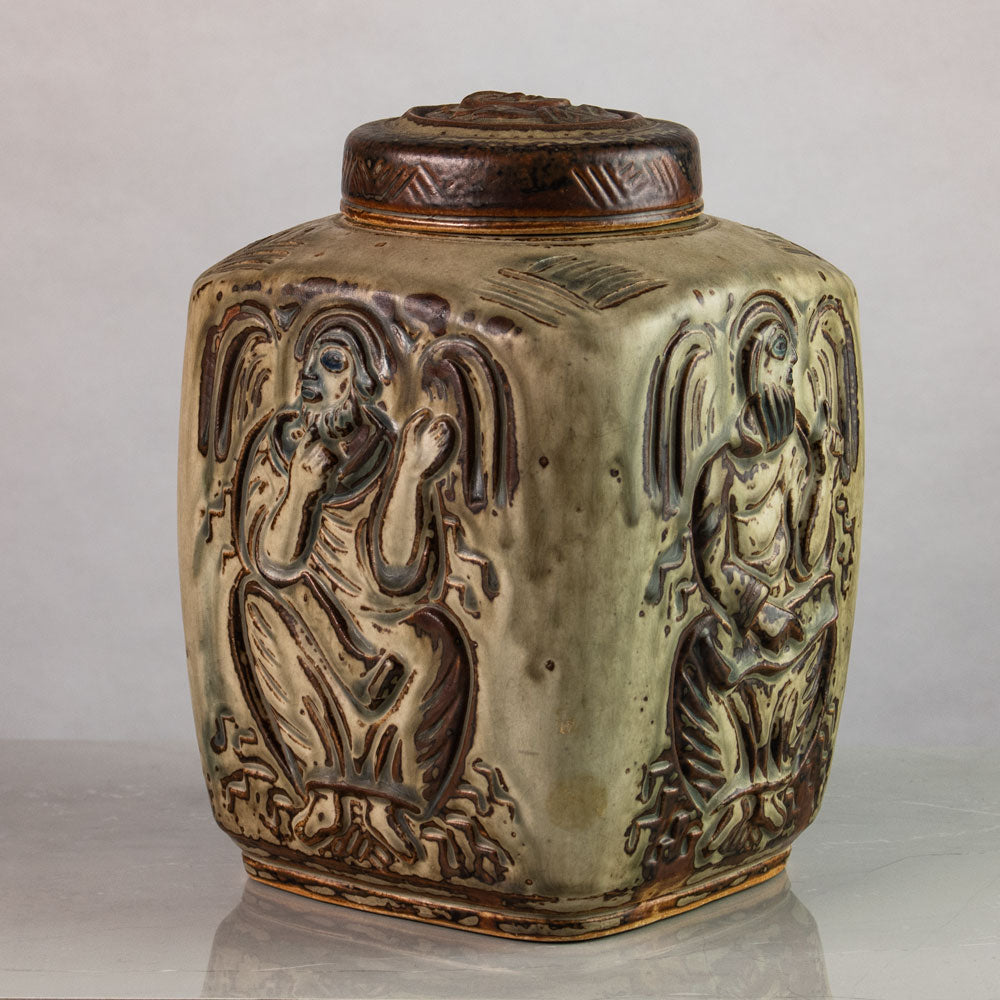 Jais Nielsen for Royal Copenhagen, Denmark, stoneware jar with figures in relief N1242