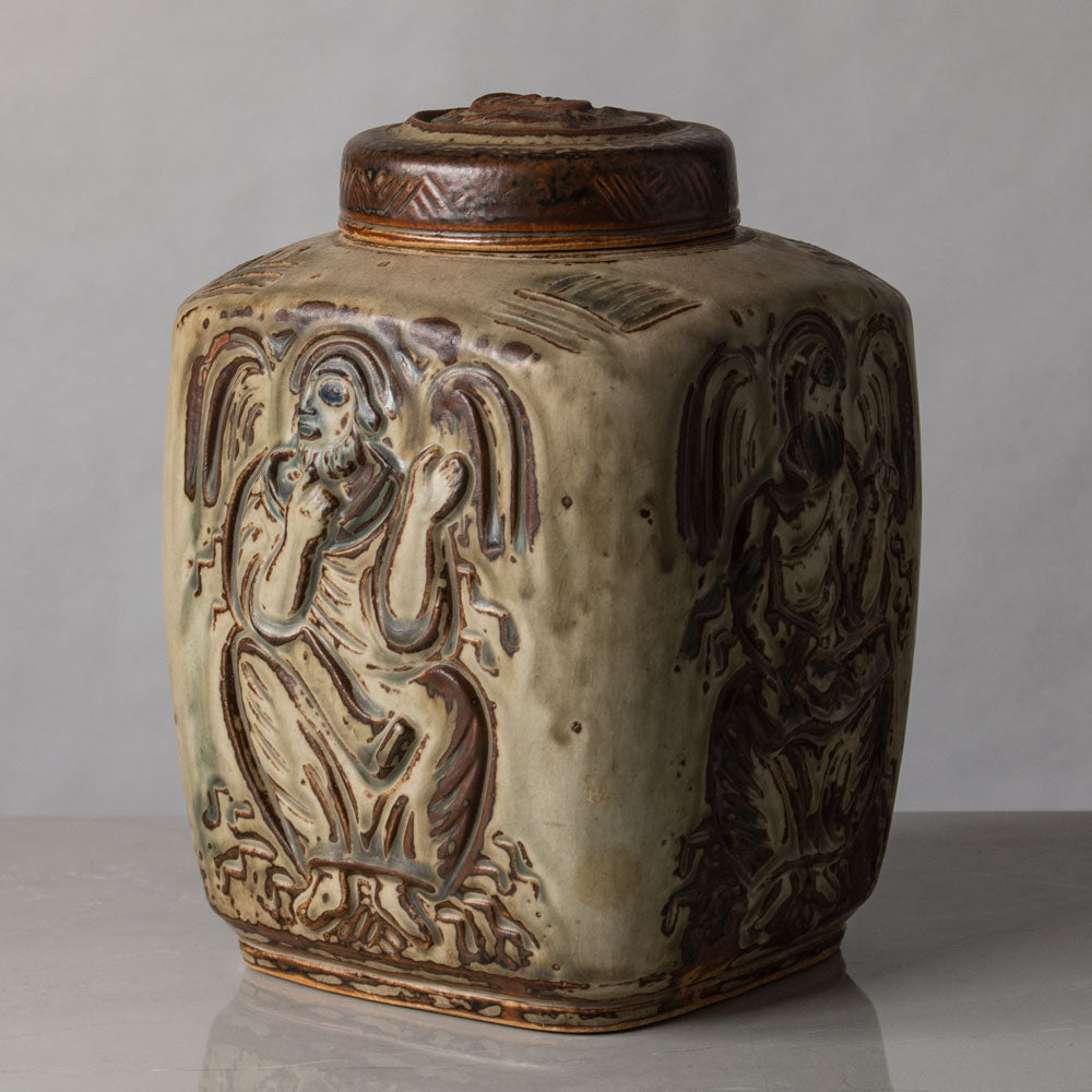 Jais Nielsen for Royal Copenhagen, Denmark, stoneware jar with figures in relief N1242