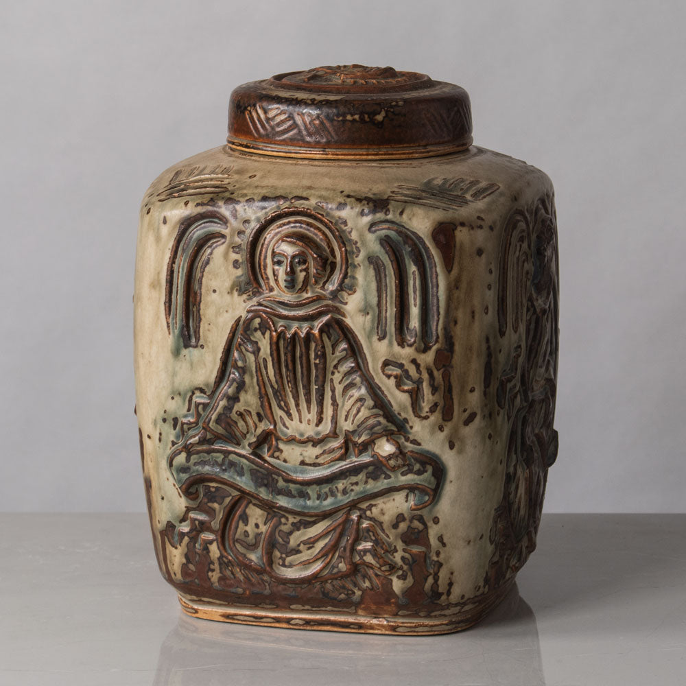 Jais Nielsen for Royal Copenhagen, Denmark, stoneware jar with figures in relief N1242