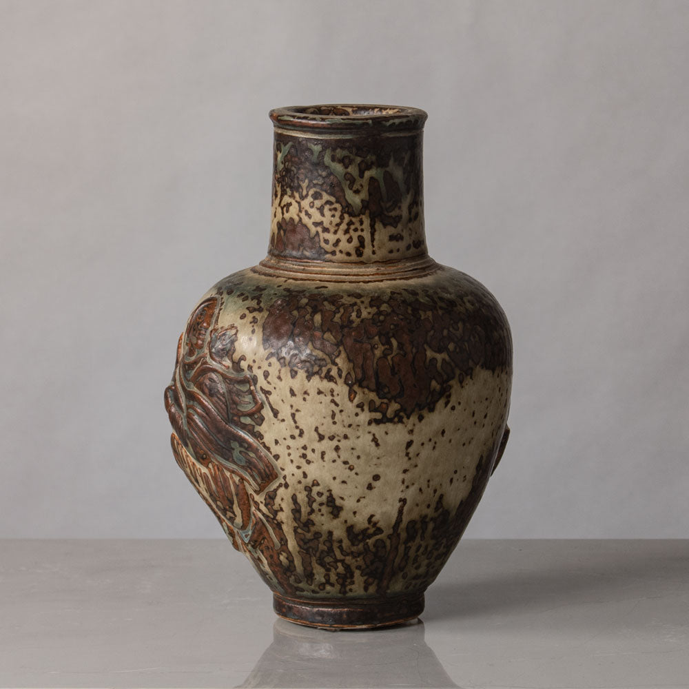 Jais Nielsen for Royal Copenhagen, Denmark, stoneware vase with figures in relief N2789