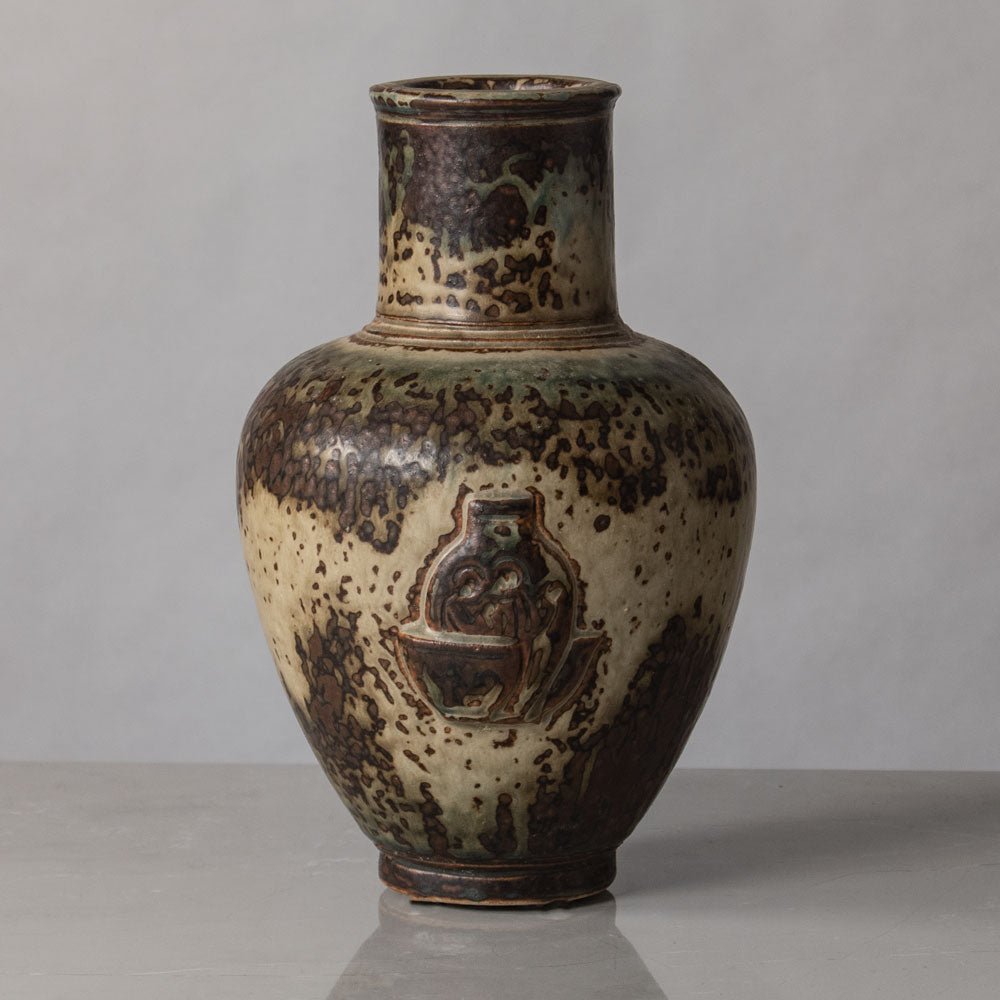 Jais Nielsen for Royal Copenhagen, Denmark, stoneware vase with figures in relief N2789