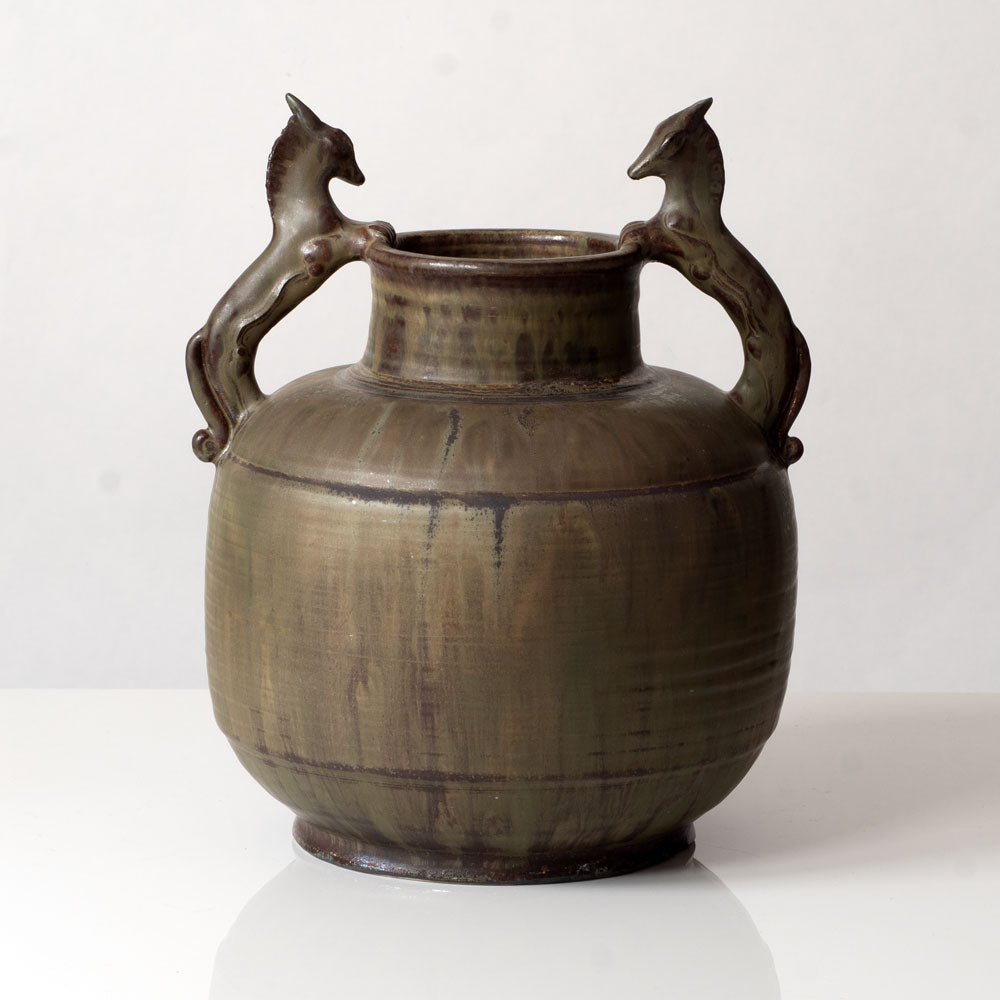 Carl Halier for Triangle Studio, Denmark, unique stoneware urn with green glaze L3325