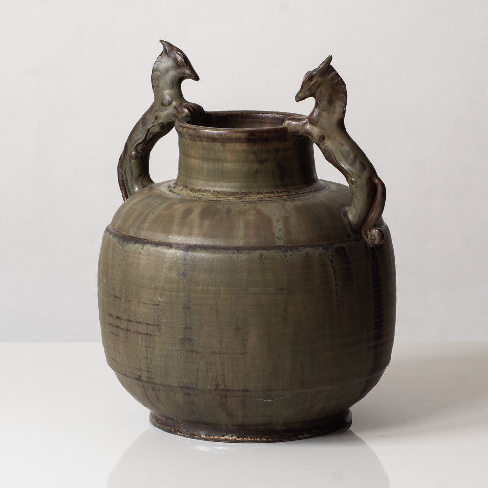 Carl Halier for Triangle Studio, Denmark, unique stoneware urn with green glaze L3325