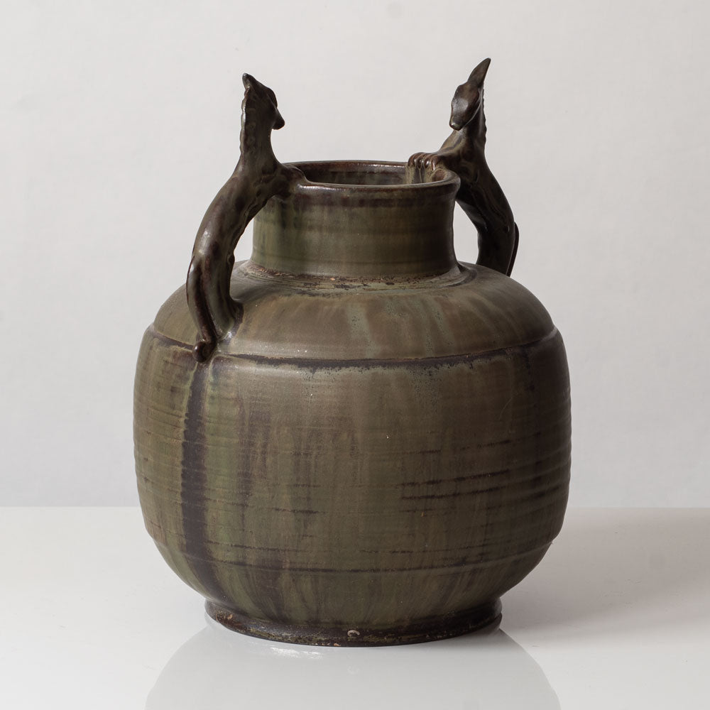 Carl Halier for Triangle Studio, Denmark, unique stoneware urn with green glaze L3325