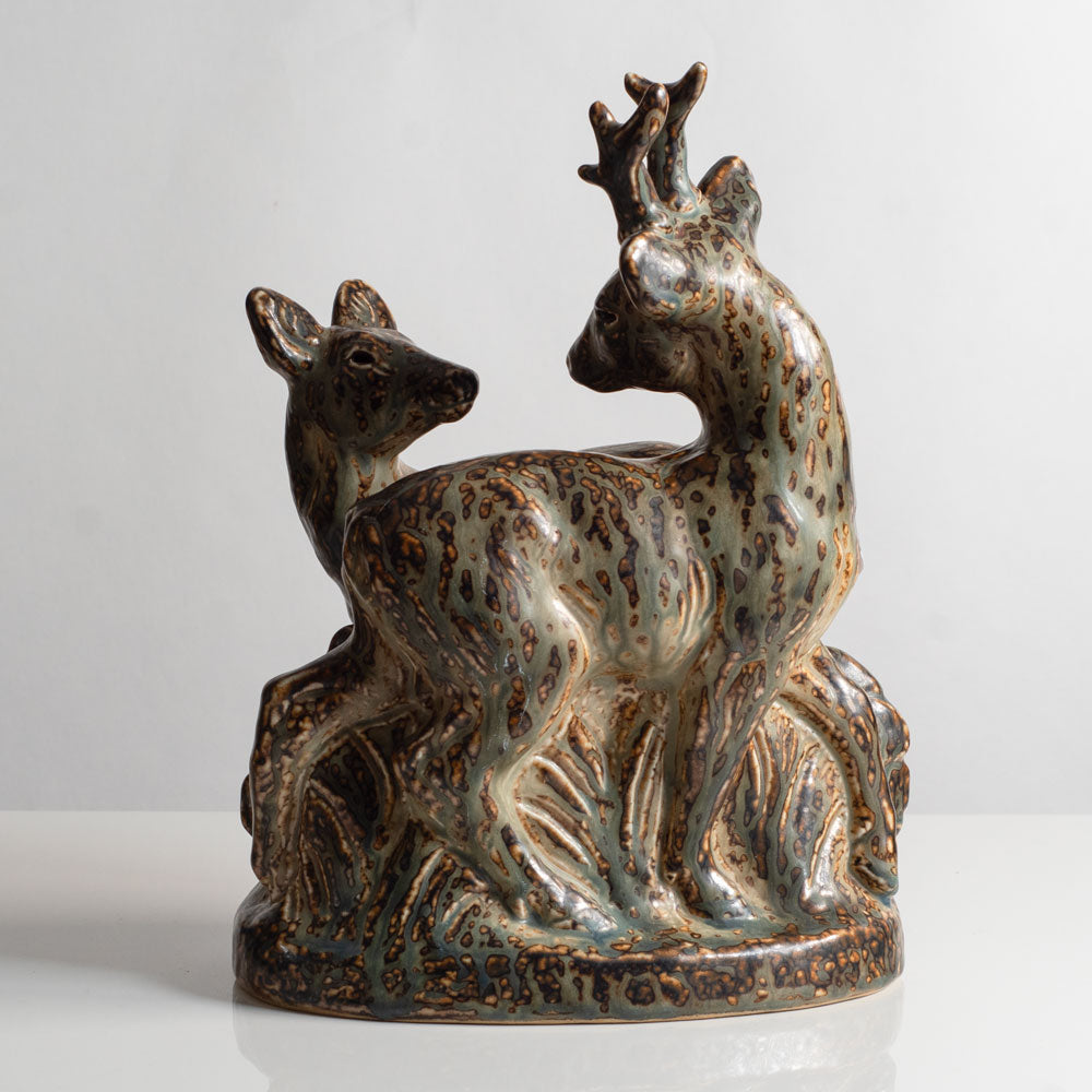 Knud Kyhn for Royal Copenhagen, Denmark, large stoneware figure of a two deer with Sung glaze M5756