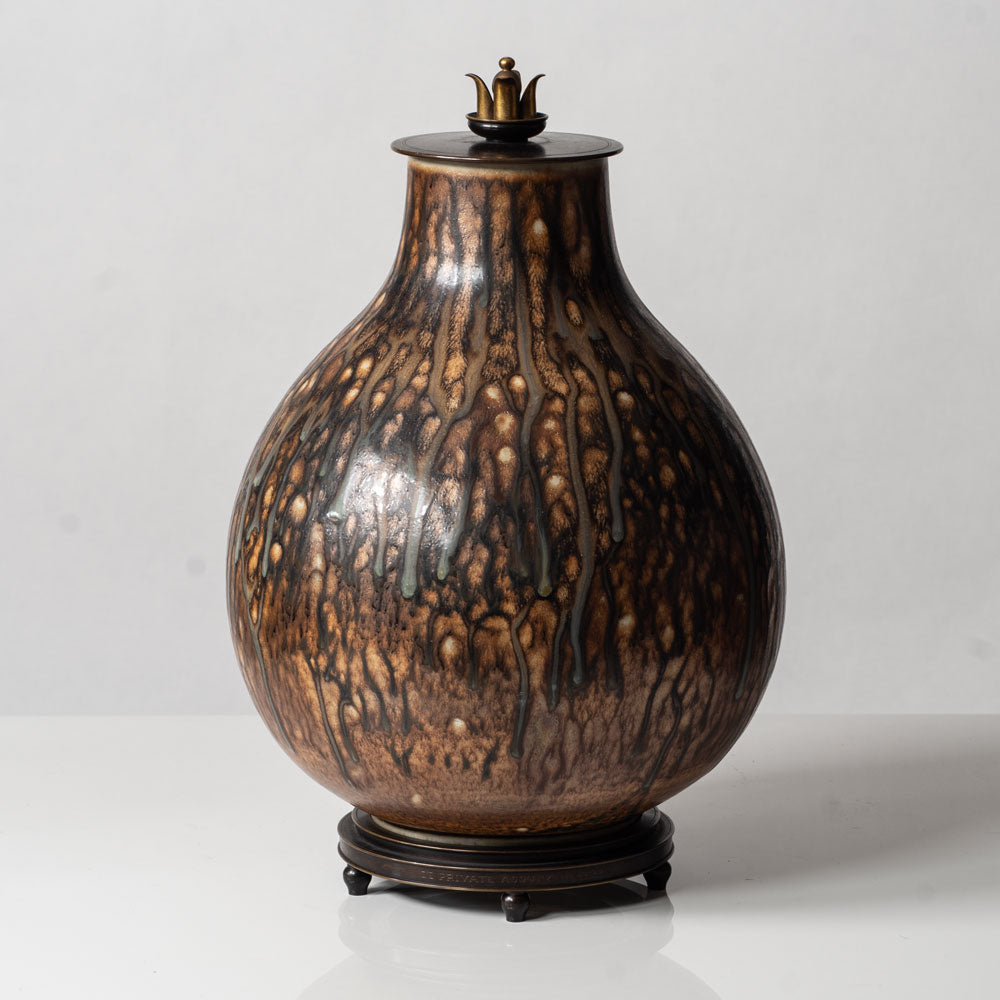 Carl Halier for Royal Copenhagen, Denmark, large unique stoneware jar with bronze lid and stand L3326