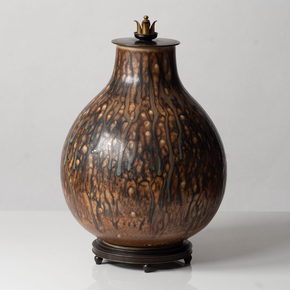 Carl Halier for Royal Copenhagen, Denmark, large unique stoneware jar with bronze lid and stand L3326