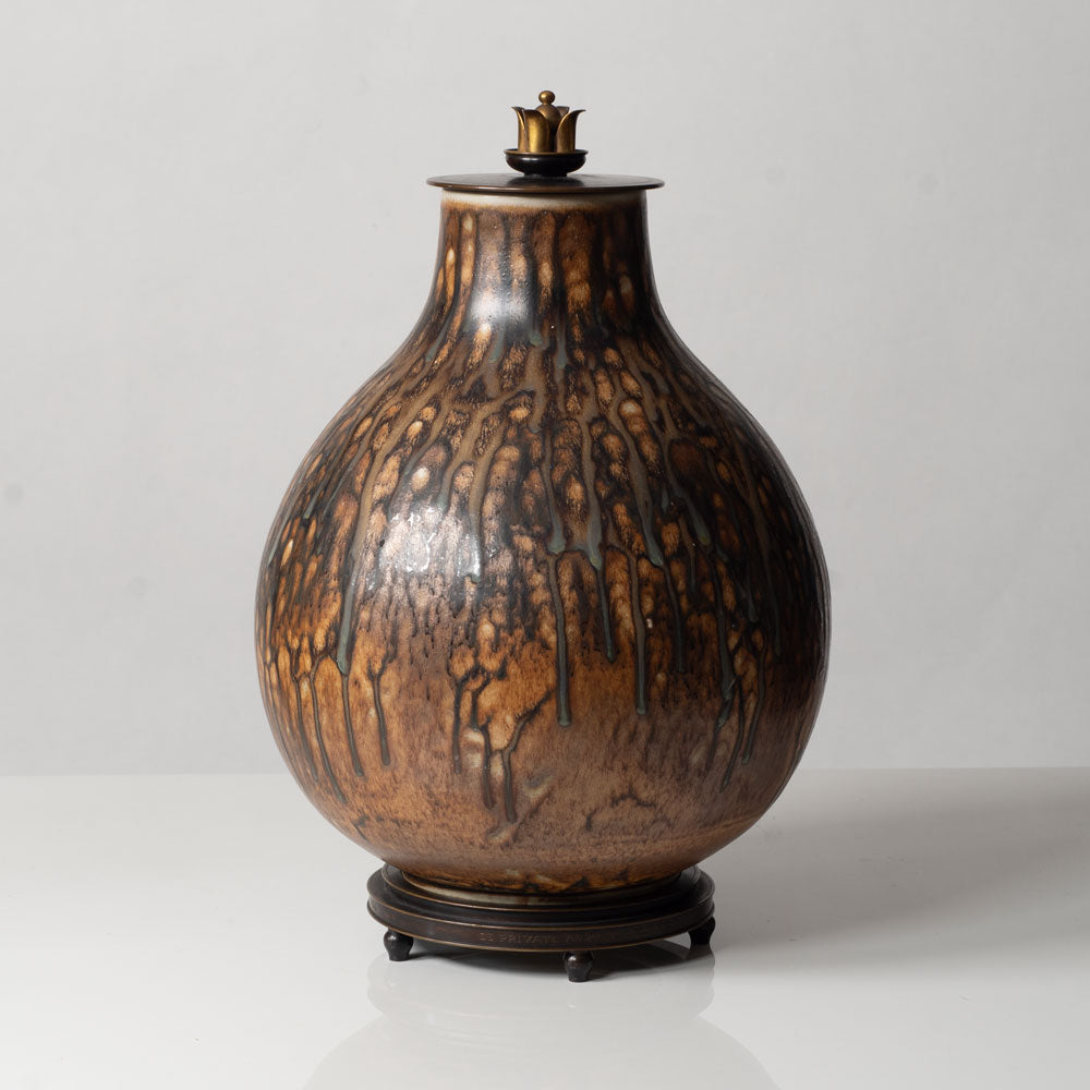 Carl Halier for Royal Copenhagen, Denmark, large unique stoneware jar with bronze lid and stand L3326