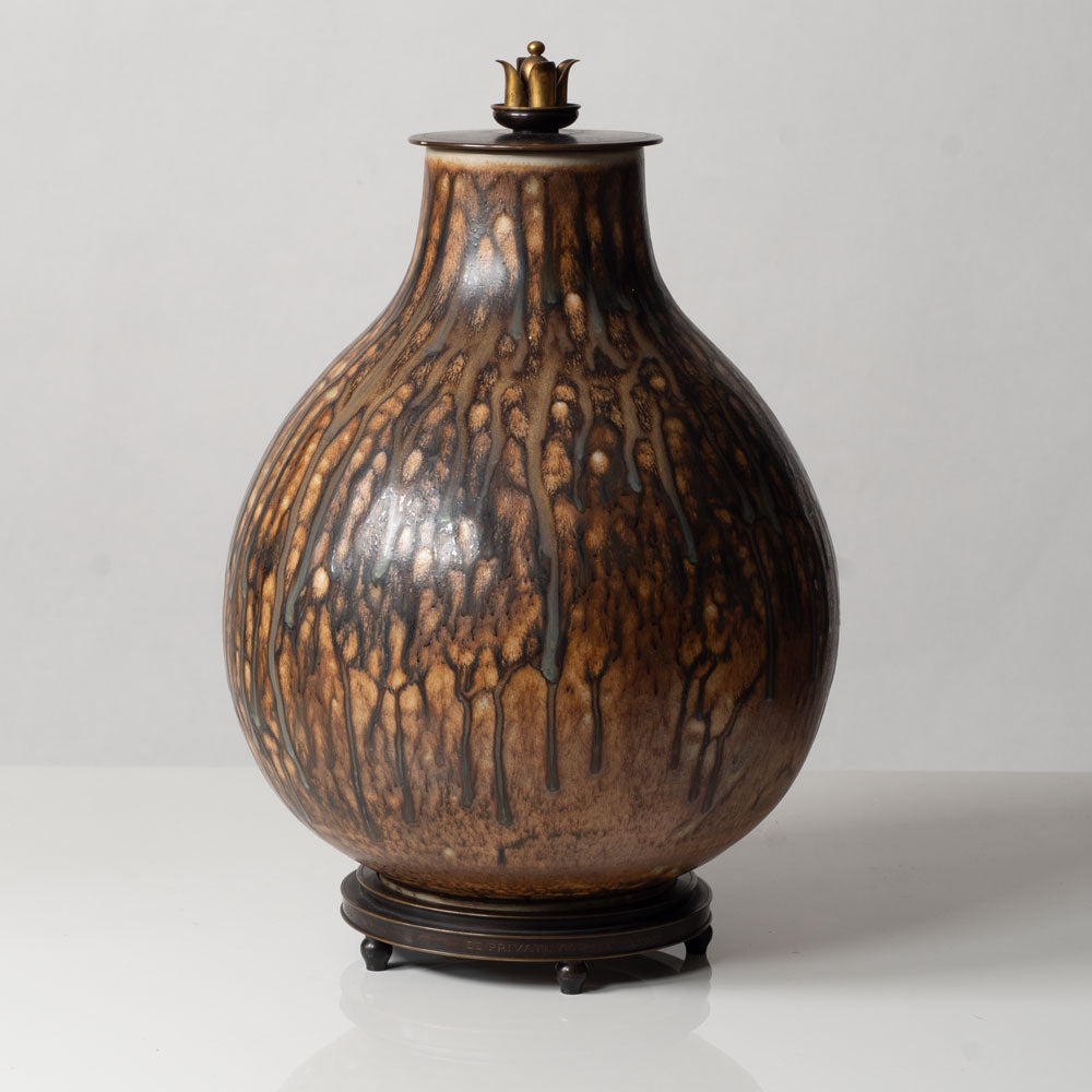 Carl Halier for Royal Copenhagen, Denmark, large unique stoneware jar with bronze lid and stand L3326