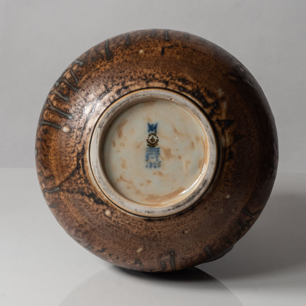 Carl Halier for Royal Copenhagen, Denmark, large unique stoneware jar with bronze lid and stand L3326