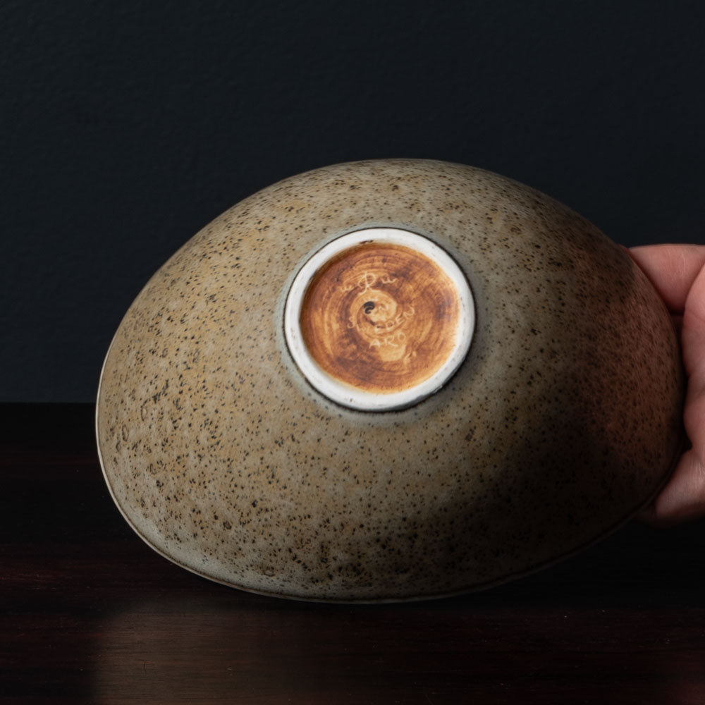 Gunnar Nylund for Rörstrand, Sweden, ceramic elliptical bowl with speckled light brown and gray glaze L3508