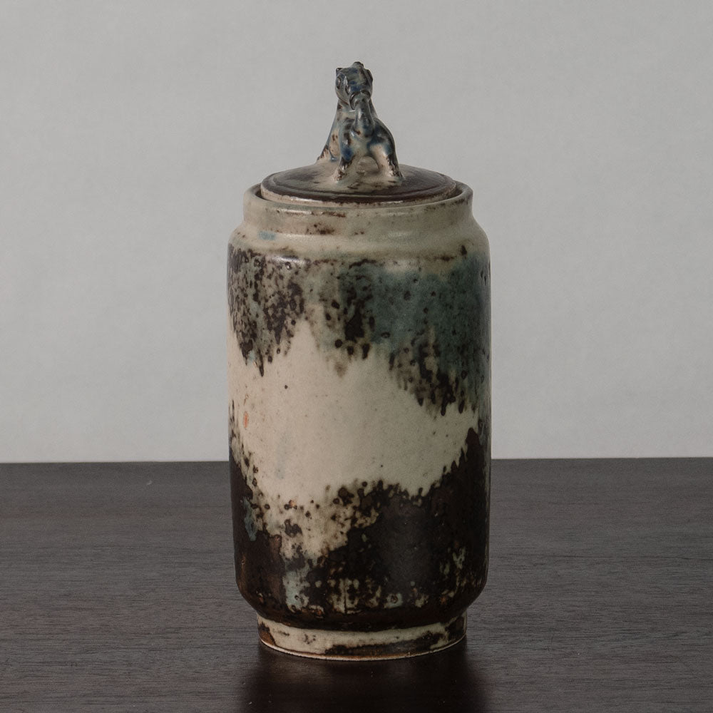 Jais Nielsen for Royal Copenhagen, Denmark, lidded jar with brown and blue Sung glaze J1659