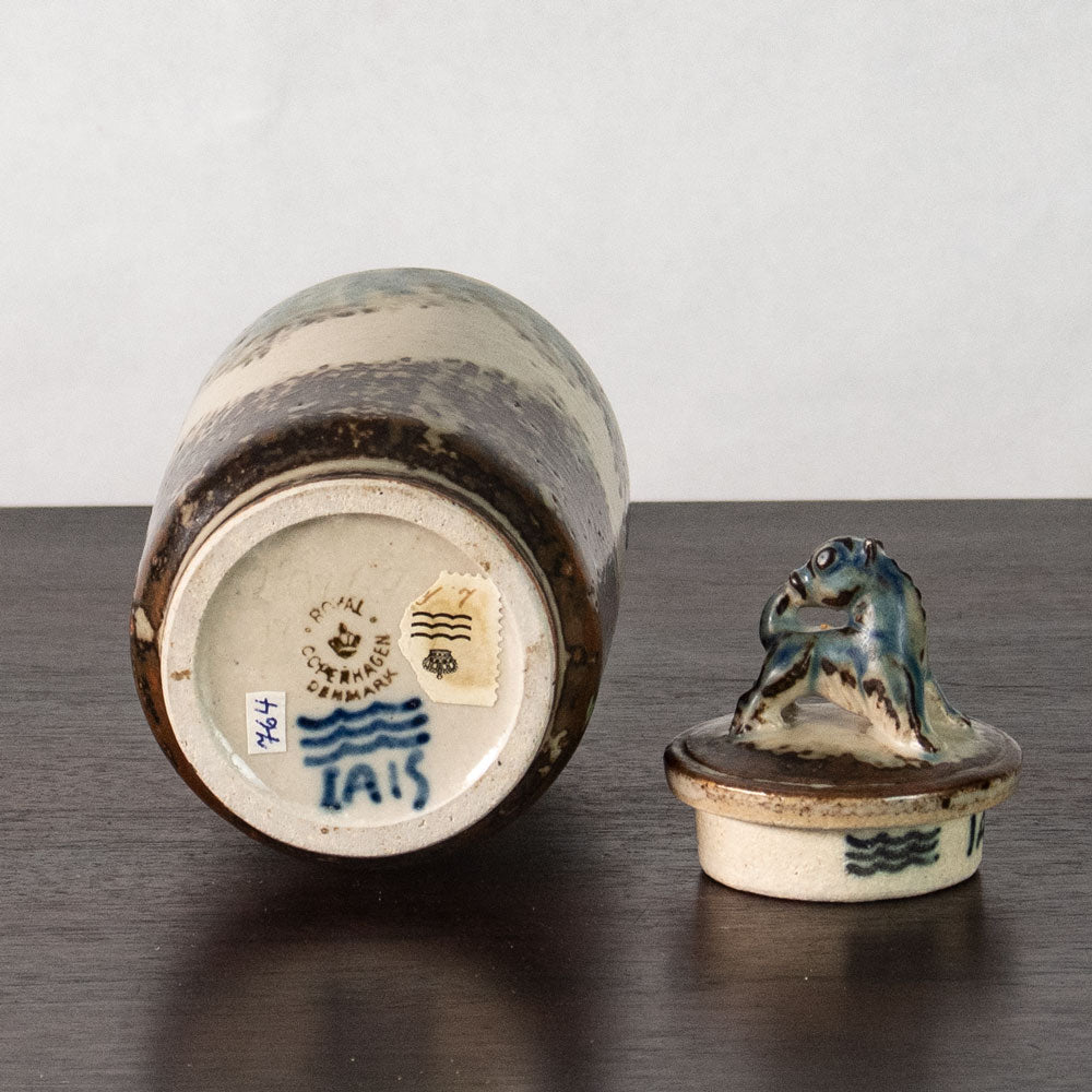 Jais Nielsen for Royal Copenhagen, Denmark, lidded jar with brown and blue Sung glaze J1659