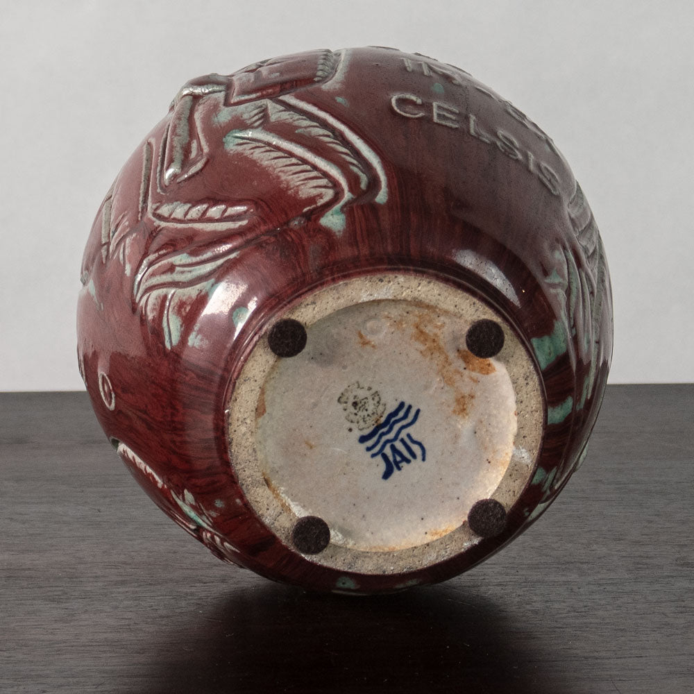 Jais Nielsen for Royal Copenhagen, Denmark, stoneware vase with oxblood glaze and figures in relief N1243