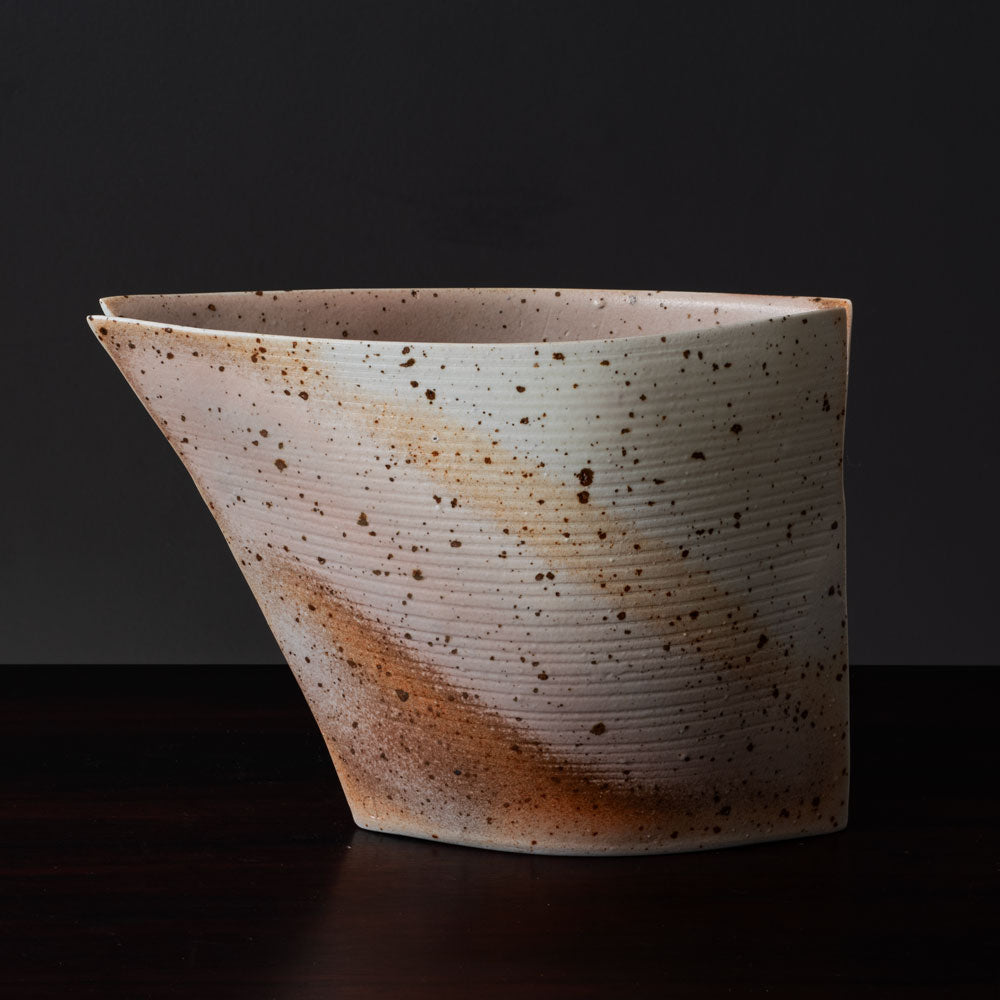 Gotlind Weigel, own studio, Germany, stoneware sculptural vase with cream, pink and brown glaze K2875