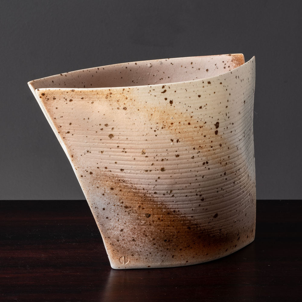 Gotlind Weigel, own studio, Germany, stoneware sculptural vase with cream, pink and brown glaze K2875