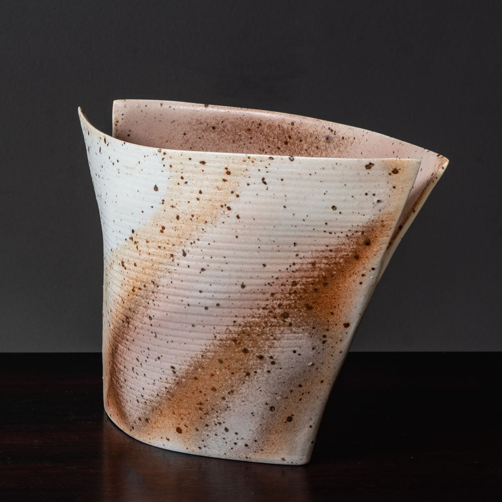 Gotlind Weigel, own studio, Germany, stoneware sculptural vase with cream, pink and brown glaze K2875